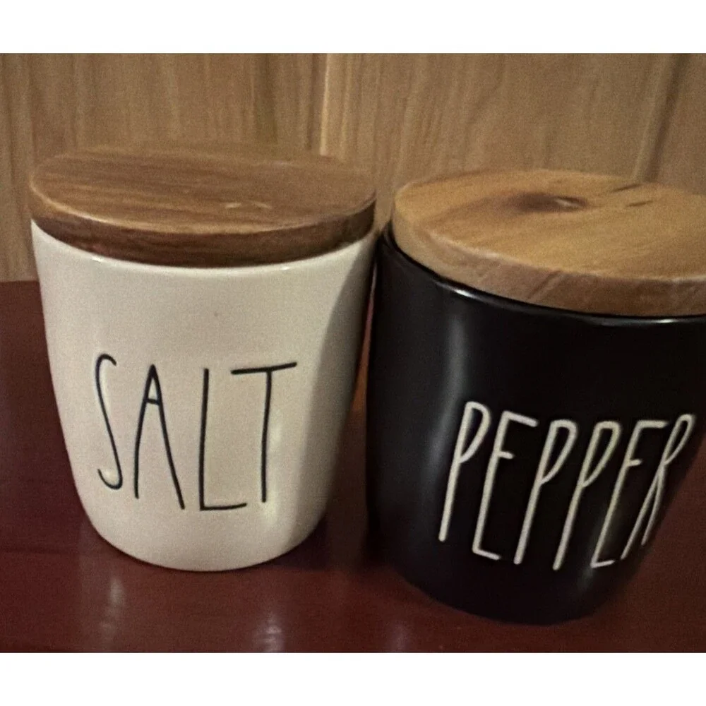 Rae Dunn Salt & Pepper Container Jar Set Ceramic Black & White Wood Lid 3.5